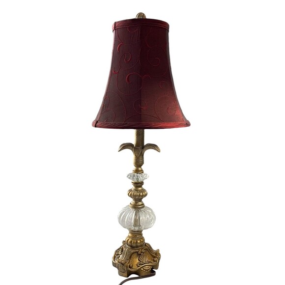 Art Deco Crystal Metal Ornate Lamp w/Red Brocade Shade Brass Base 22.5" VTG - Picture 1 of 16